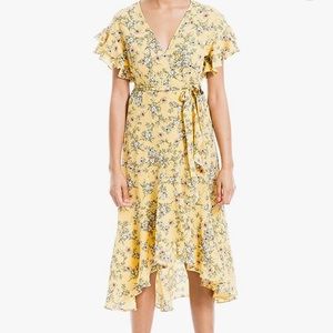 Max Studio High/Low Yellow Floral Ruffle Crepe Wrap Dress S